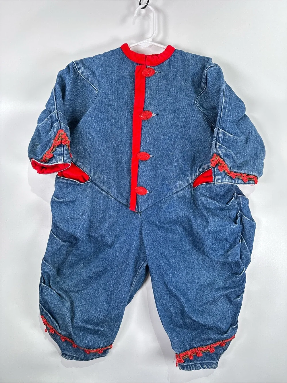 Trotinette Paris Jumpsuit Velvet Trim Drop Waist Denim Blue Size 2
